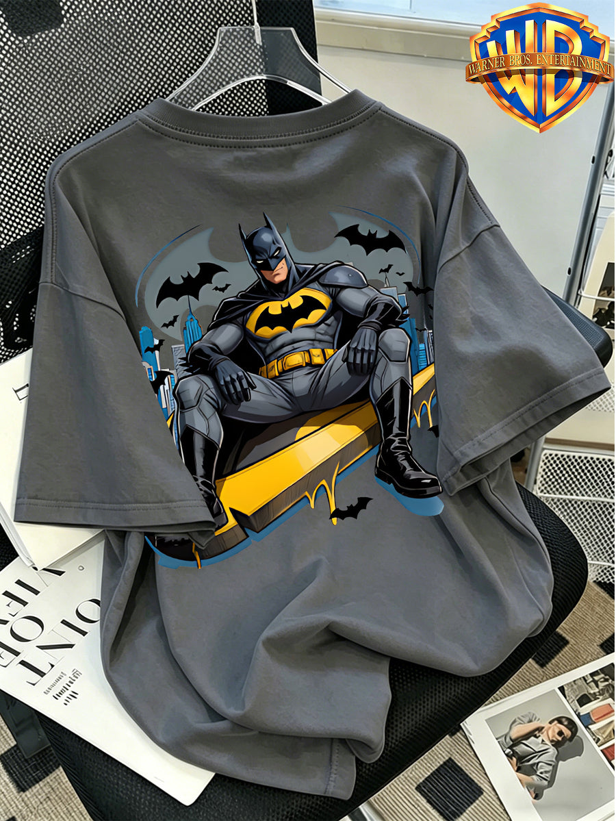 Warner Bros. Official Batman Gotham Bat City Background Printed T-Shirt, Men'S 100% Pure Casual And Comfortable Multi-Functional Loose Summer Short Sleeve T-Shirt, Suitable for Outdoor And Daily Wear - Dark Gray