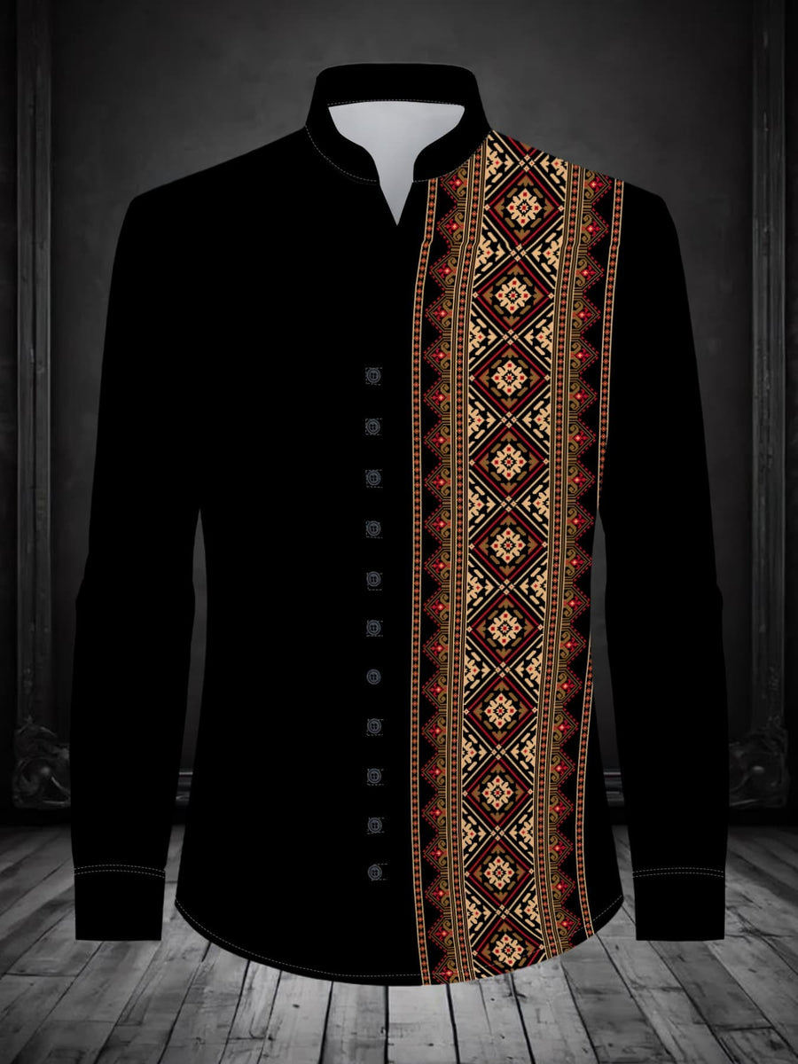 Men's Stand Collar Long Sleeve 11 Buttons Shirt Vintage Ethnic Geometric Print Slim Fit Shirt Business Casual Daily Commute Party Vacation Versatile Top|| - Mixed colors