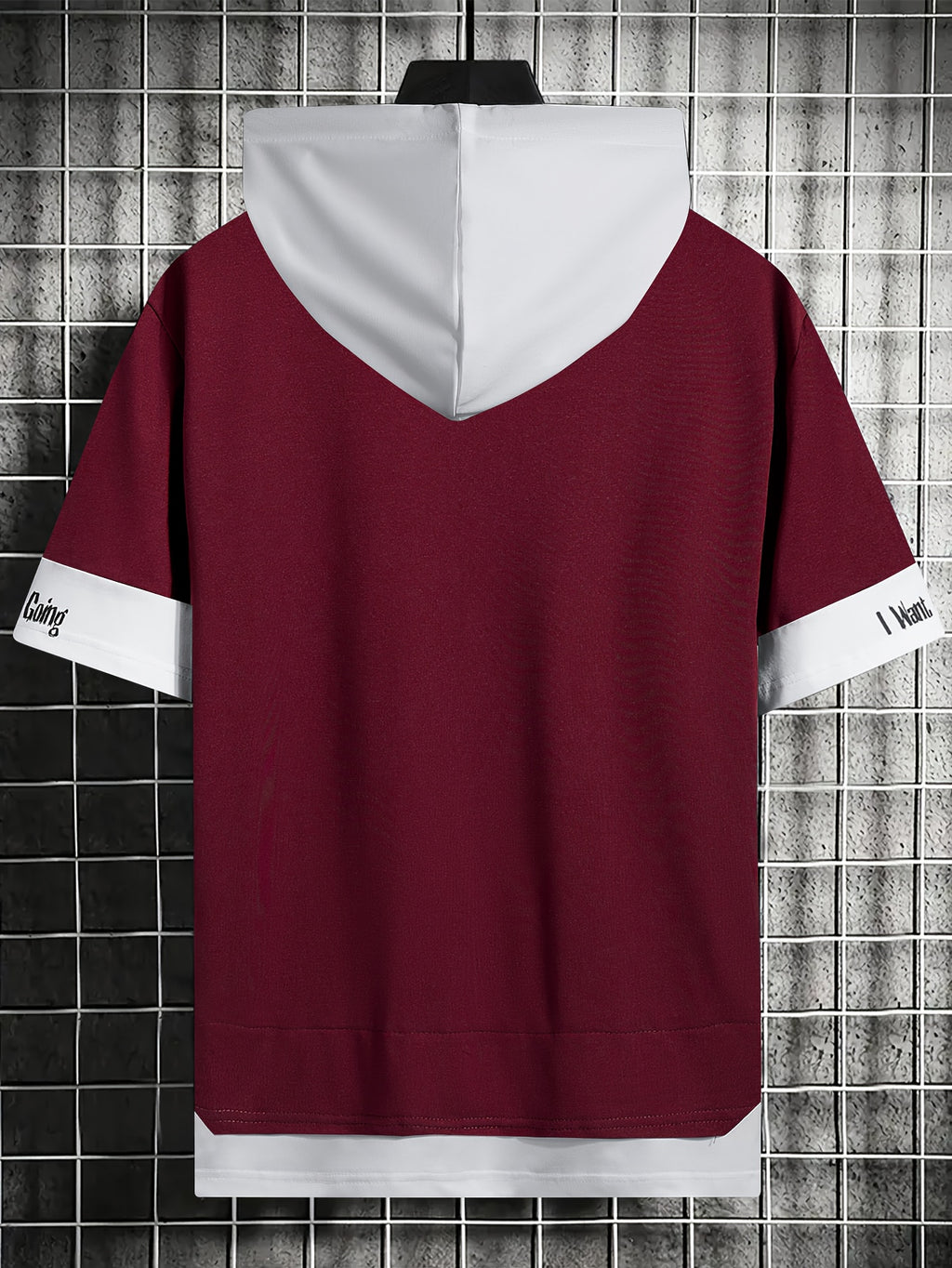 Men'S Color-Block Contrast Hooded Short Sleeve T-Shirt, English Letter Print, Short Sleeve Faux Two-Piece Streetwear, Trendy Fashion Versatile Street Casual Hong Kong Style Outfit, Casual Leisure All-Match T-Shirt, Suitable for Summer - Burgundy