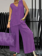 Women's Casual 2pcs Set Solid Color Loose Sleeveless V-Neck Tank Top + Wide-Leg Pants - Purple