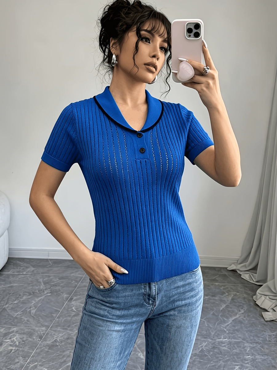 Women'S Summer Clothing Short Sleeve Solid Color Sweater, Lapel Hollow Out Design, Slim Fit Style Pullover, Spring Summer Season - Blue