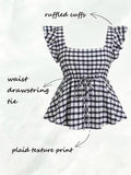 Women's Elegant and Stylish Casual Plaid Print Square Neck Short Sleeve Shirt, Plaid Pattern Top, Women's Top, Casual Pleated Top, Women's Plaid Top, Square Neck Top - Mixed colors
