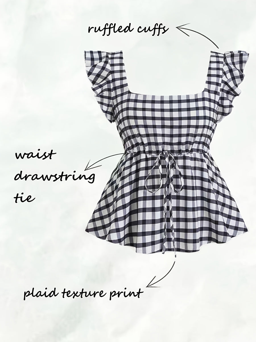 Women's Elegant and Stylish Casual Plaid Print Square Neck Short Sleeve Shirt, Plaid Pattern Top, Women's Top, Casual Pleated Top, Women's Plaid Top, Square Neck Top - Mixed colors