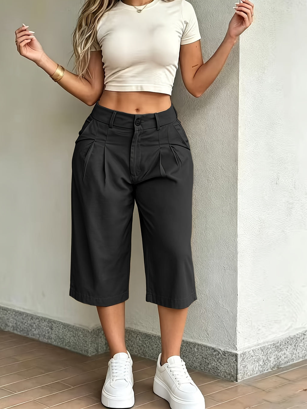 Women'S Solid Color Seven-Point Pants Elastic Waist Casual Pants with Pockets Seven-Point Pants - Black