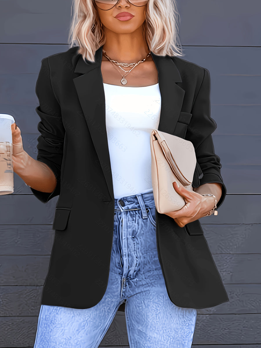 Fashionable Women's Elegant Blazer, Stylish Commuter Versatile Cardigan with Real Pockets, Solid Color New Casual Spring Jacket - Black