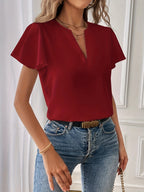 Women's Elegant V-Neck Ruffled Sleeve Blouse - Lightweight 100% Polyester Short Sleeve Shirt, Machine Washable Solid Color Top for Spring/Summer Casual & Formal Wear - Deep Red