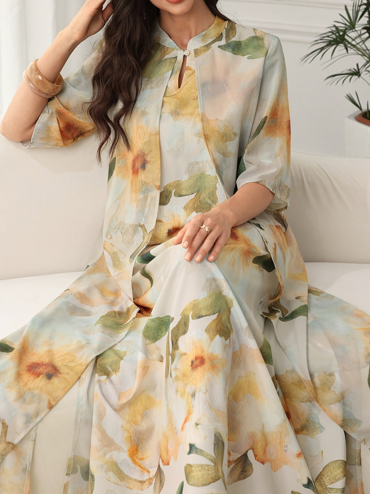 Elegant Floral Print Loose Dress - Multicolor