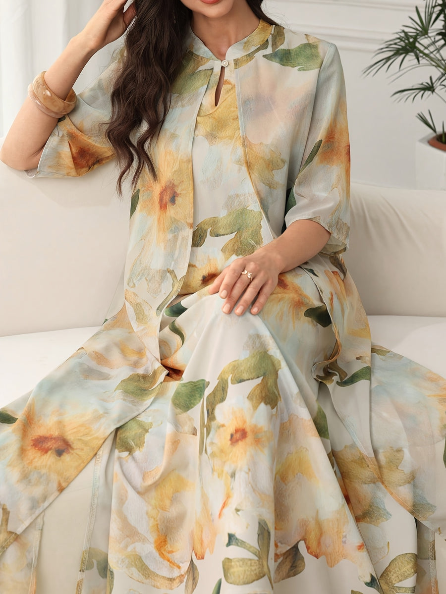 Elegant Floral Print Loose Dress - Multicolor