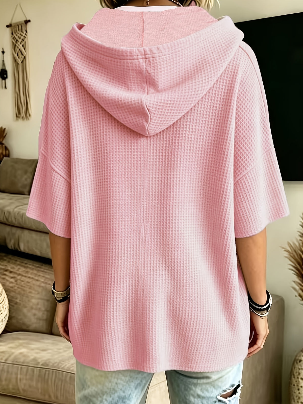 Women's Elegant Casual Solid Color Loose Fit Hooded Fashion Waffle Sweatshirt Top - Pink Color