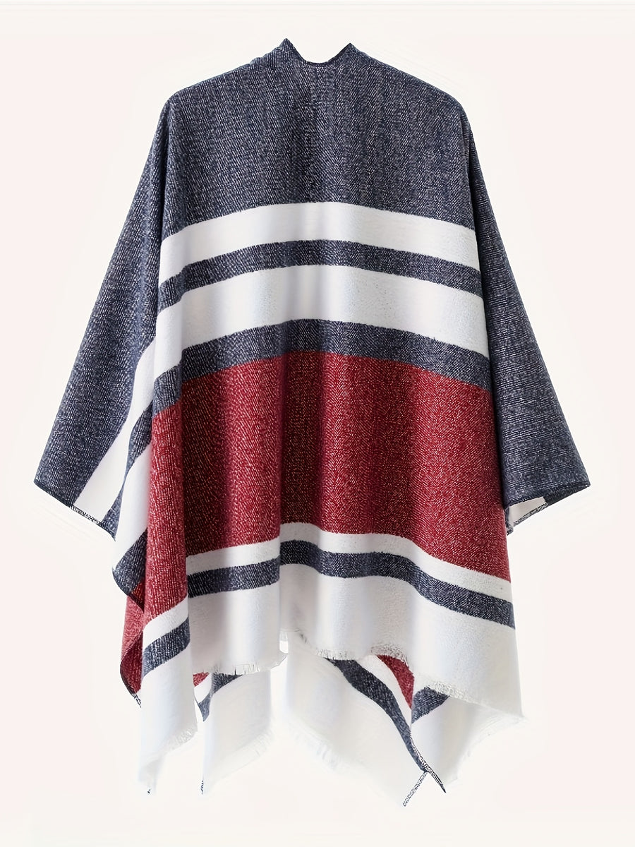 Women's Fashion Classic Striped Color Block Pattern Autumn and Winter Windproof Buttoned Travel Wrap Coat - Navy Color