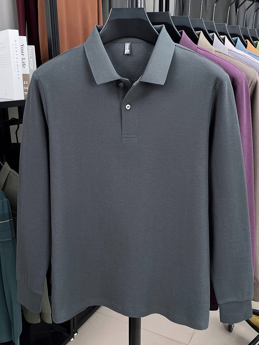 Spring and Autumn Men's Lapel Polo Shirt, Fashionable Solid Color Base Layer Top, Versatile Business Casual Long Sleeve T-Shirt, Suitable for Daily Work Scenes, The Best Gift for Friends and Relatives - Dark Gray