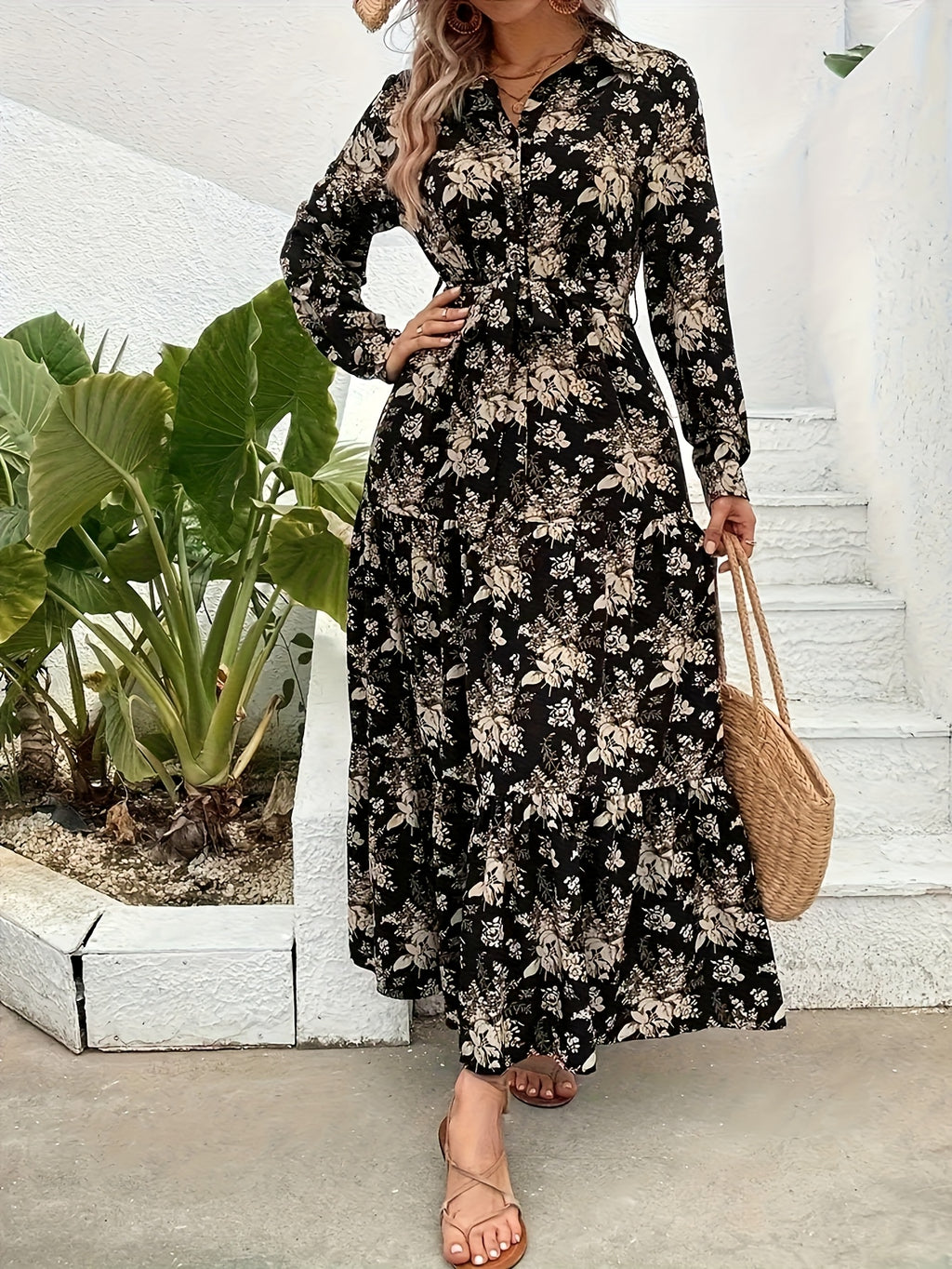 Middle Eastern Floral Print Temperament Fashion Over-The-Knee, Women'S Dress Long-Sleeved Long Skirt Loose Casual Style - Black