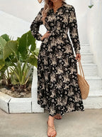 Middle Eastern Floral Print Temperament Fashion Over-The-Knee, Women'S Dress Long-Sleeved Long Skirt Loose Casual Style - Black