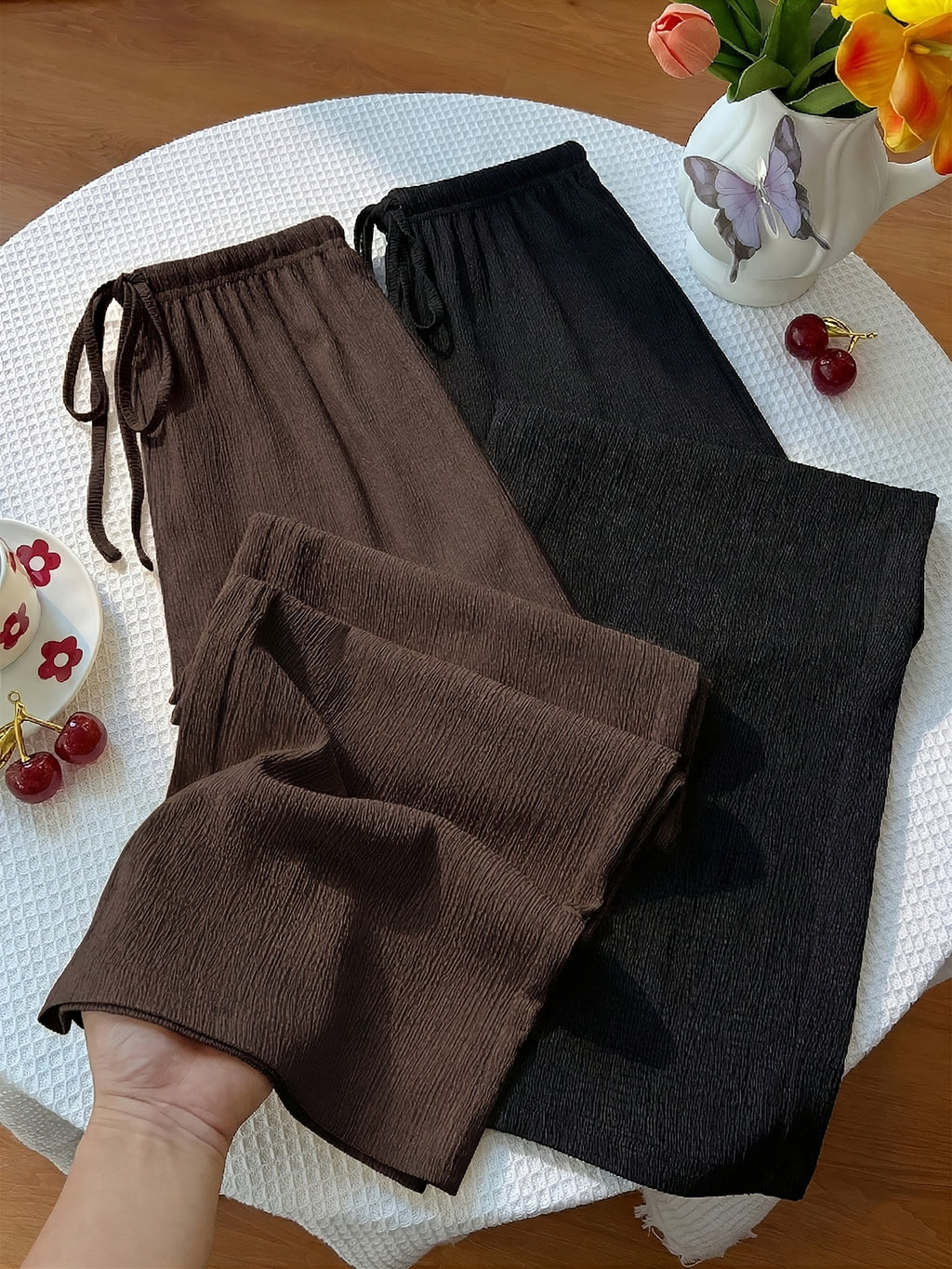 Women's New Style Long Pants Y2K Casual Vacation Versatile Preppy Style Textured Wide-Leg Pants - Black With Coffee