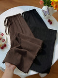 Women's New Style Long Pants Y2K Casual Vacation Versatile Preppy Style Textured Wide-Leg Pants - Black With Coffee