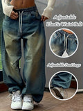 New classic and versatile retro drawstring calf ripped wash drawstring cinched blue wide-leg Women's jeans - Blue
