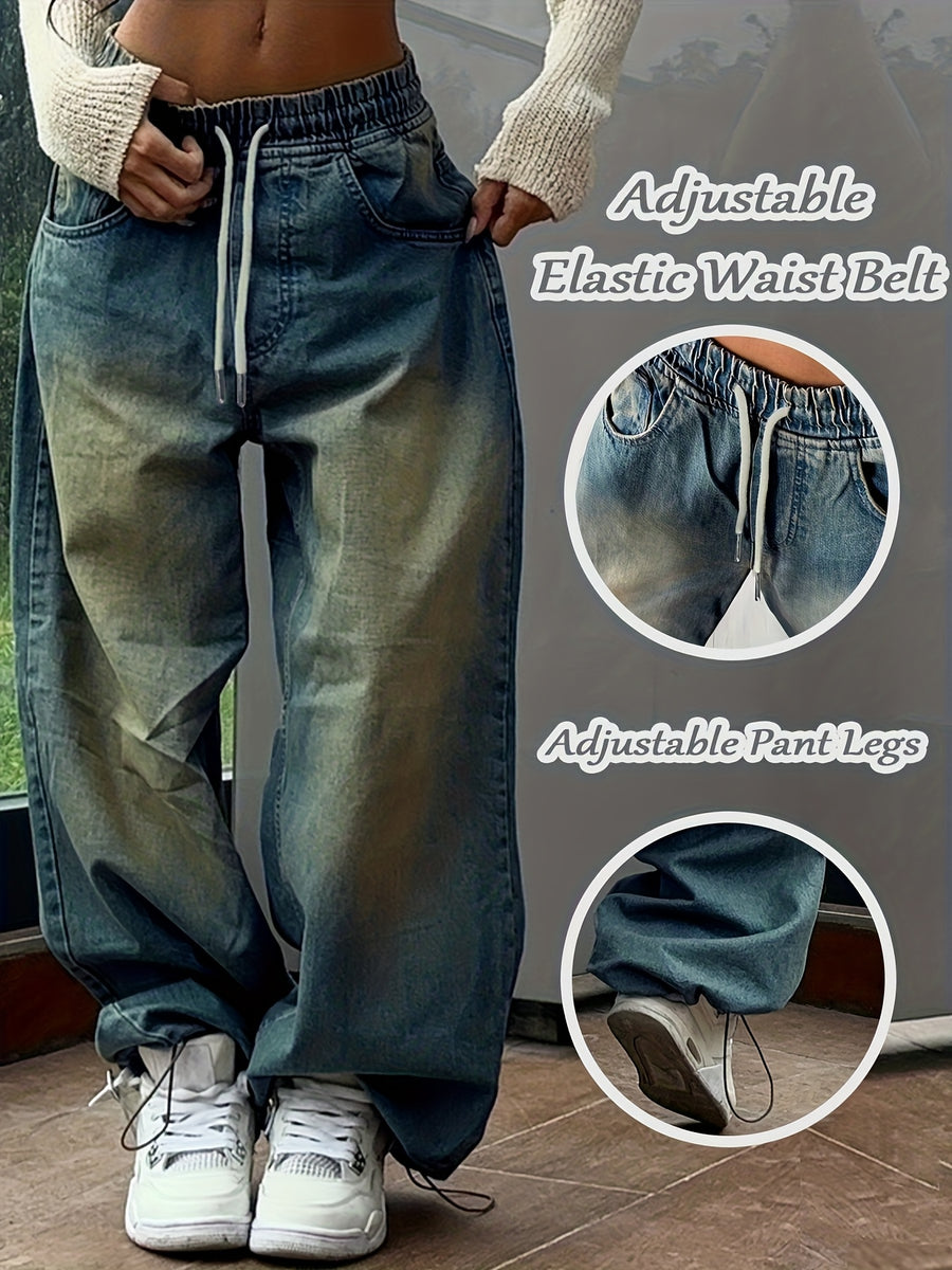 New classic and versatile retro drawstring calf ripped wash drawstring cinched blue wide-leg Women's jeans - Blue