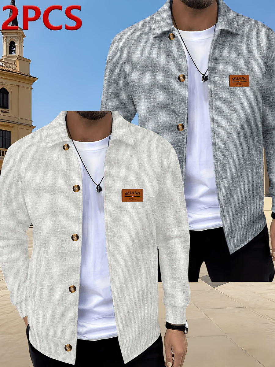 Men's 2pcs Waffle Knit Lapel Jacket, American Light Mature Casual Style, Two-Tone Textured Fabric, Vintage Amber Button Placket, Side Slant Pockets, Versatile Outerwear for Young and Middle-Aged Men for Commuting, Shopping, Outdoor Outings, and Daily - White+gray