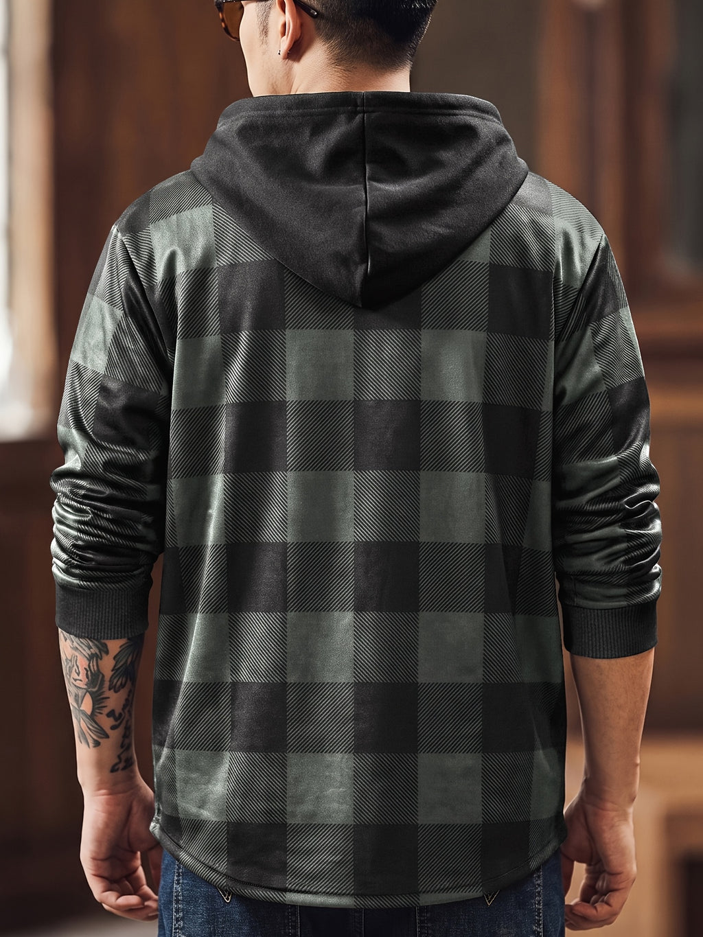 Men's Vintage Plaid Jacket, Men's Casual -Lined Shirt Jacket, Single-Breasted with Hood, Long Sleeve Outerwear, Men's Top, New Spring/Autumn Men's Outerwear - Grey