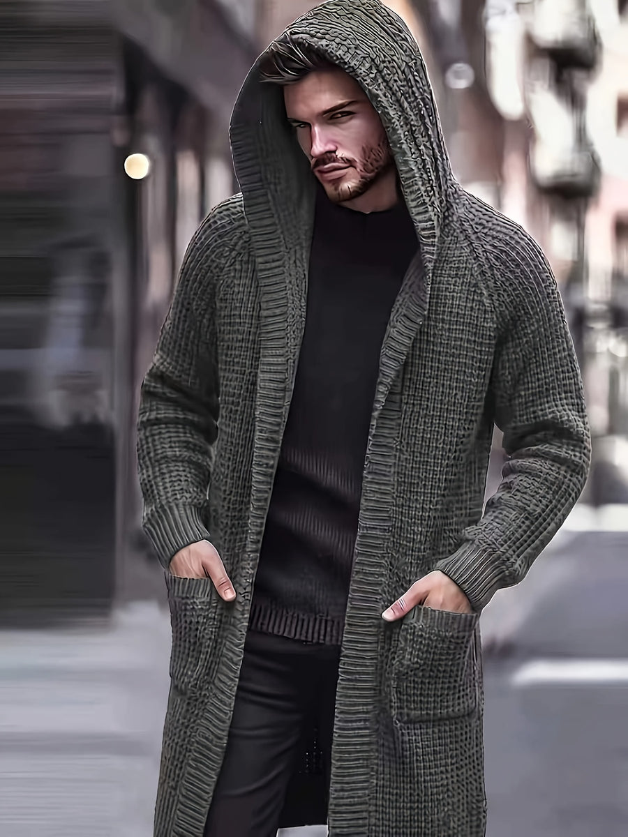 Men's Casual Sport Sweater, Knit Cardigan, Long Hooded Knit Cardigan. The Hooded Design Adds a Casual and Effortless Style, While the Long Length Flatters the Figure. This Simple yet Stylish Piece Is Perfect for Autumn and Winter, Offering Warmth - Olive Brown