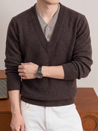 Autumn/Winter Men's 2-in-1 Look V-Neck Knitwear with Contrast Button Design, Warm Pullover Sweater - Coffee Color