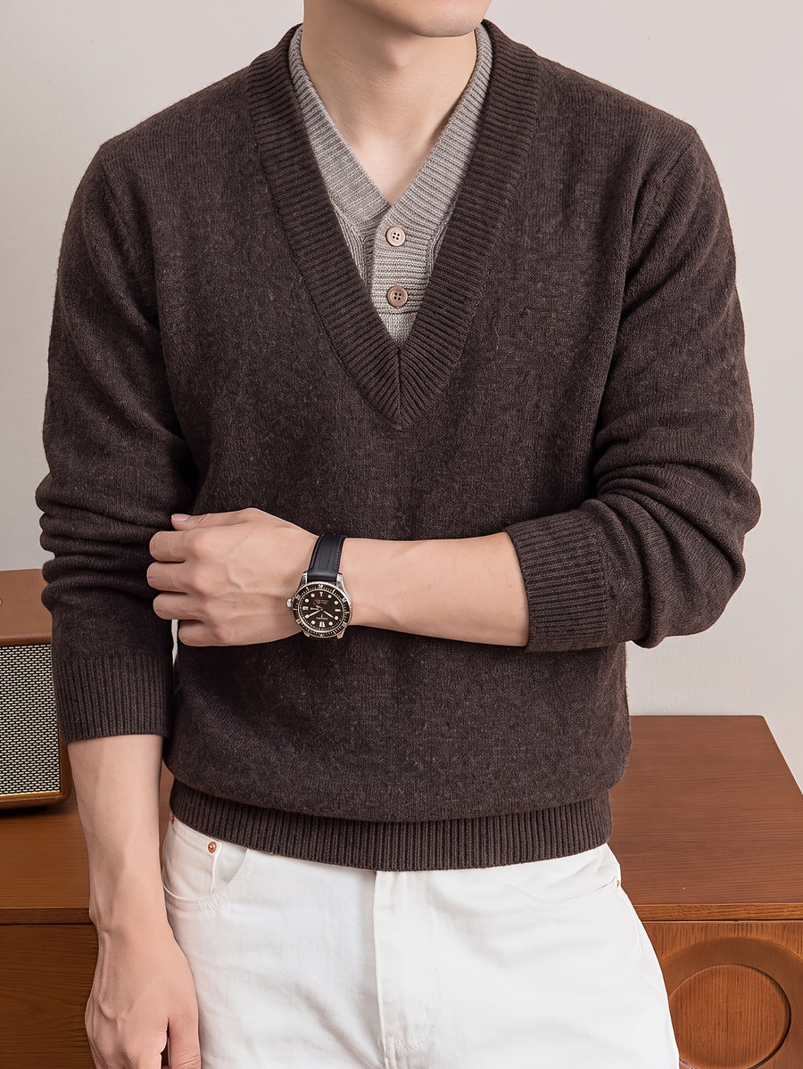 Autumn/Winter Men's 2-in-1 Look V-Neck Knitwear with Contrast Button Design, Warm Pullover Sweater - Coffee Color