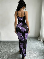 Women'S Adjustable Strap Printed Cami Dress, High-Waist Cinched -Lifting Long Skirt, Stretchy And, Suitable for Beach Vacation/Music Festival/Casual Date Wear - Purple