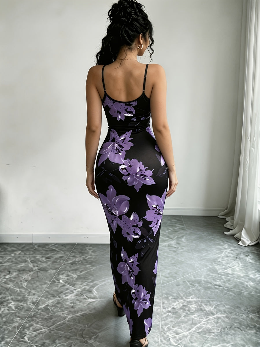 Women'S Adjustable Strap Printed Cami Dress, High-Waist Cinched -Lifting Long Skirt, Stretchy And, Suitable for Beach Vacation/Music Festival/Casual Date Wear - Purple