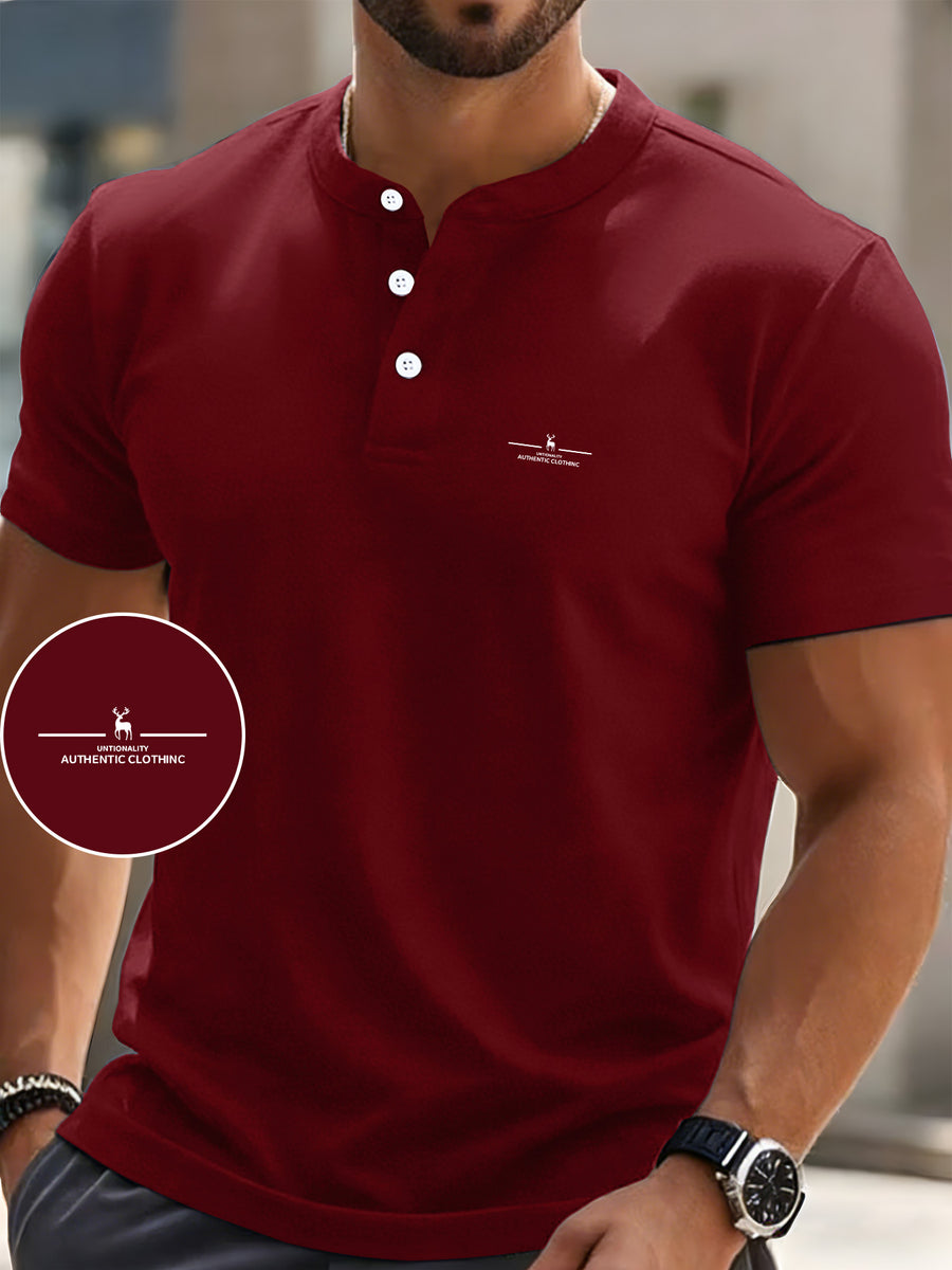 Men's Summer Short-Sleeve Henry (Button-Front Henry) T-Shirt - Breathable Stand Collar, Casual Button- Shirt for Outdoor & Casual Attire, Machine Washable Summer Clothing Suitable for Casual, Office & Semi-Formal Occasions - Burgundy