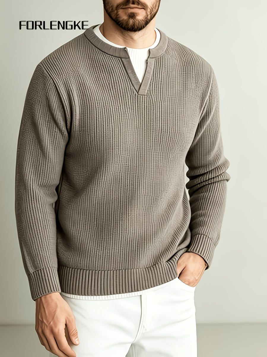 FORLENGKE Men'S Faux 2pcs V-Neck Sweater Autumn New Heavyweight Thick Needle Color-Block Knitwear, Easy Small V-Neck Design Creating Layered Look, Soft And Thick Fabric Comfortable And Skin-Friendly, Loose And Versatile Fit - Coffee Color