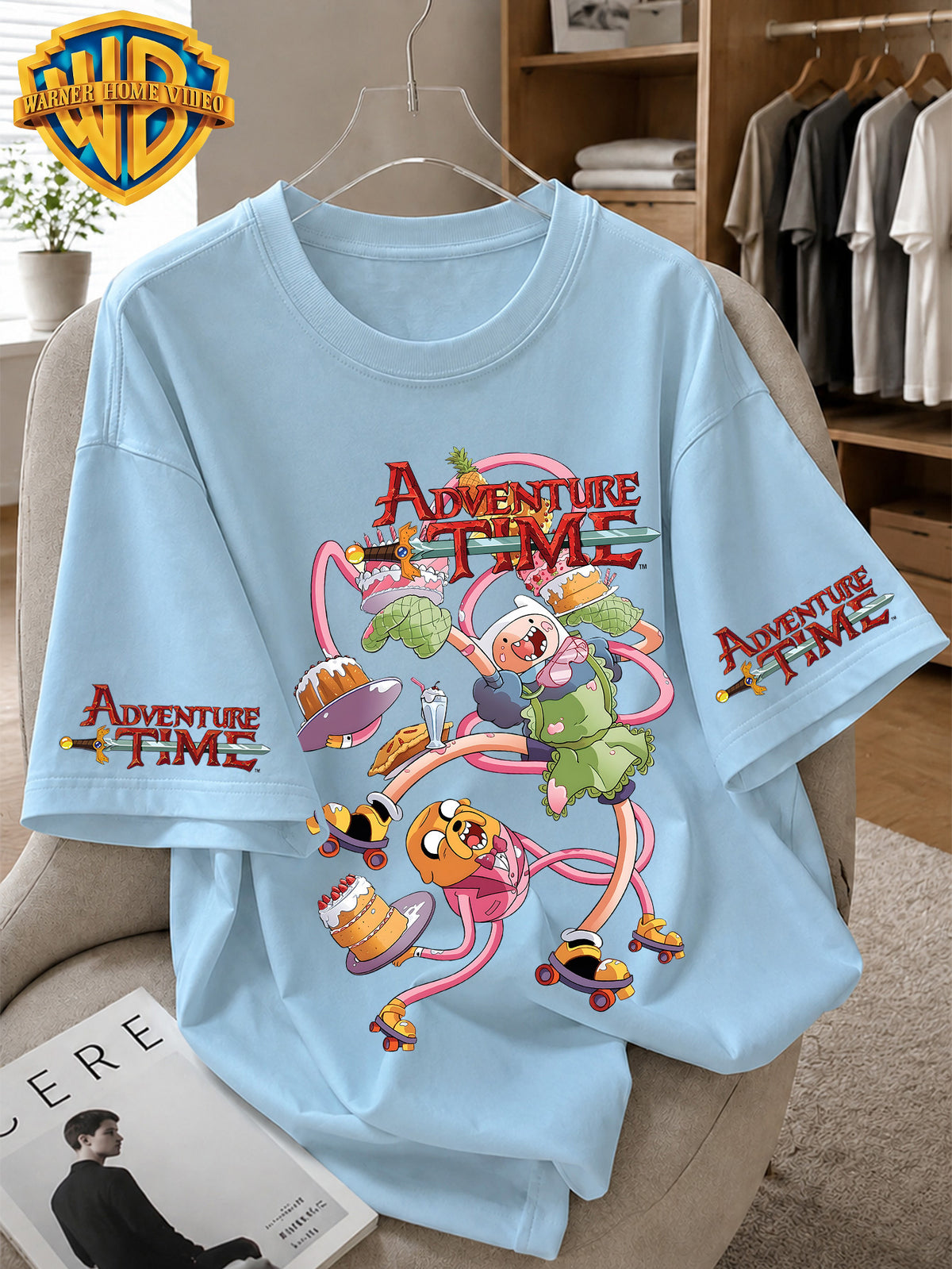 Warner Bros. Officially Licensed Adventure Time Vintage Cartoon Print Men's 100% Cotton T-Shirt, American Retro Casual Short Sleeve, Soft and Breathable, Suitable for Daily Use, Fitness, and Outdoor Activities in Summer - Light Blue