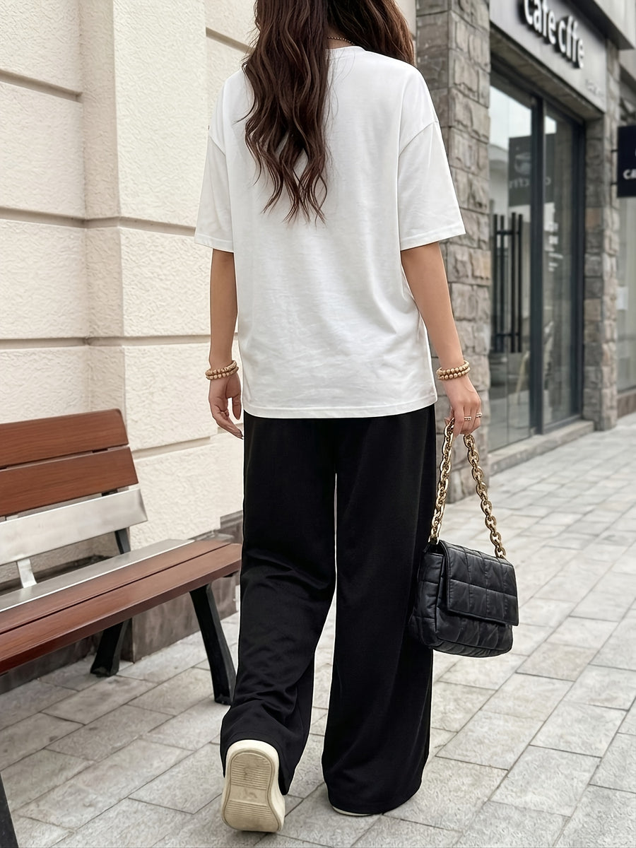 Women's Casual Streetwear Trend Los Angeles 98 Print Crew Neck Short Sleeve Top and Loose Drawstring Long Pants 2pcs Set, Women's Fashion Outfit, Suitable for Summer Streetwear - Black+White