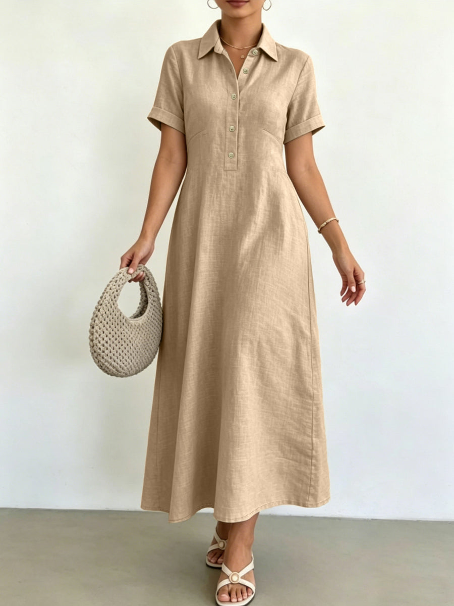 Women's Blended Fabric Shirt Dress with Lapel Collar, Half-Button Short Sleeves, A-Line Midi Length, Summer Casual Light Business Commuter Dress - Khaki