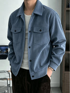 2pcs Men's Lapel Snap Button Jacket, Corduroy Texture Multi-Pocket Outerwear, Autumn/Winter Simple Vintage Casual Men's 2pcs Set - Blue+gray