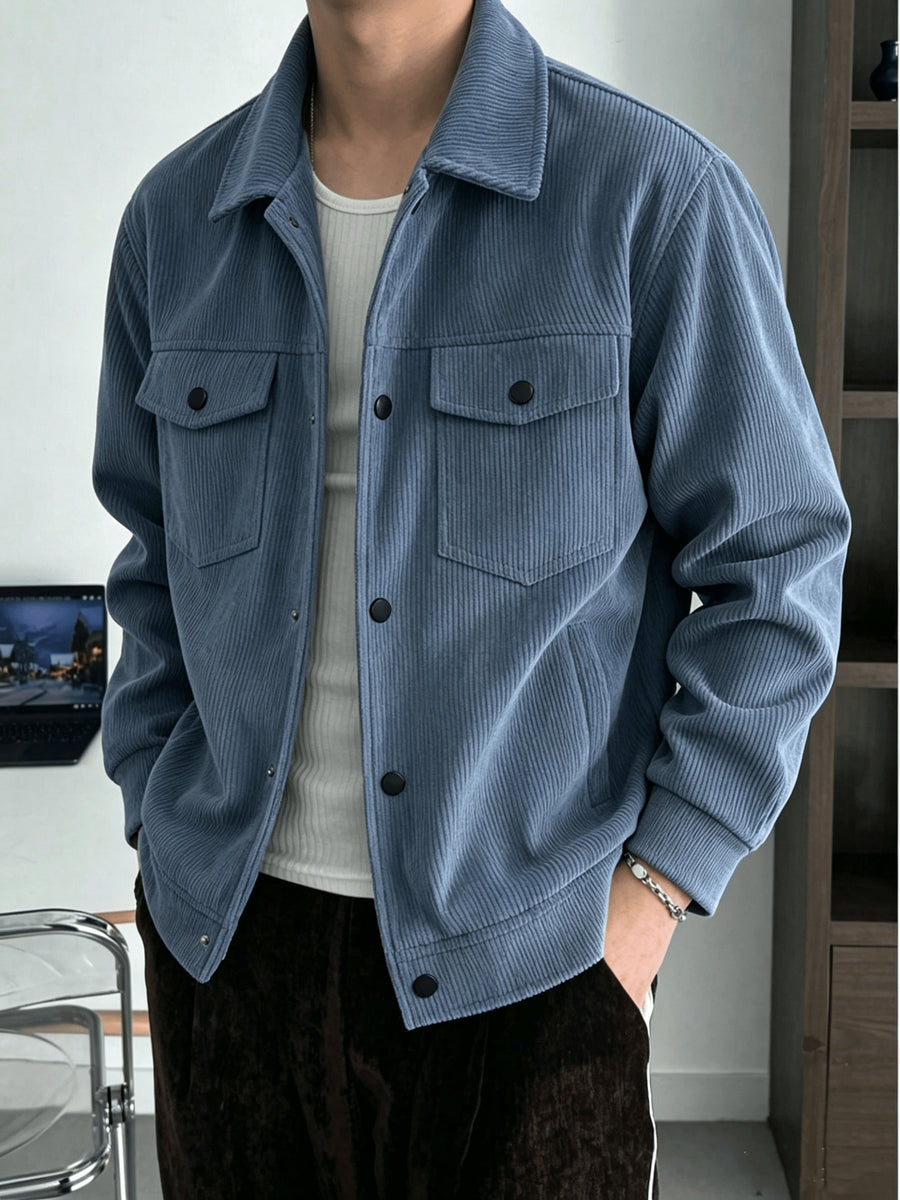 2pcs Men's Lapel Snap Button Jacket, Corduroy Texture Multi-Pocket Outerwear, Autumn/Winter Simple Vintage Casual Men's 2pcs Set - Blue+gray