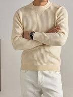Men'S Waffle Knit Round Neck Sweater, Full Waffle Texture Jacquard Checkered Knit, Strong Three-Dimensional Feel, Thicker Than Regular Plain Knit, Better Warmth - SINBOS - Ivory White