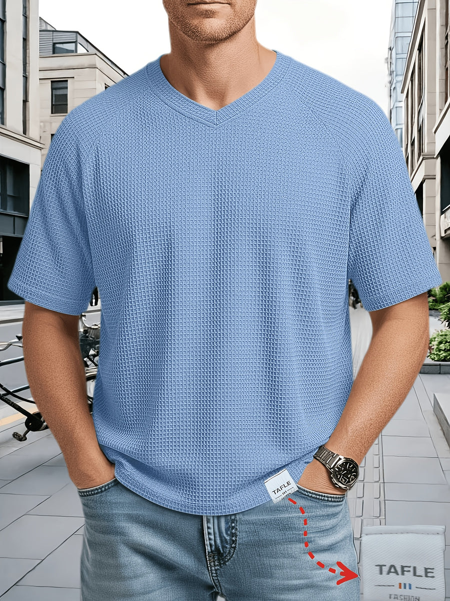 Men's Large Waffle Knit Chicken-Heart Neck T-Shirt - Loose Fit Short Sleeve Crew Neck Shirt with Hem Logo Decoration, Breathable Summer Casual & Sportswear, Solid Color Suitable for Gym, Casual Attire, Machine Washable - Sky Blue