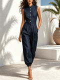 Women'S Sleeveless Stand Collar Jumpsuit, High-Waist Pleated Tapered Leg One-Piece Outfit - Navy Color
