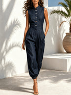 Women'S Sleeveless Stand Collar Jumpsuit, High-Waist Pleated Tapered Leg One-Piece Outfit - Navy Color