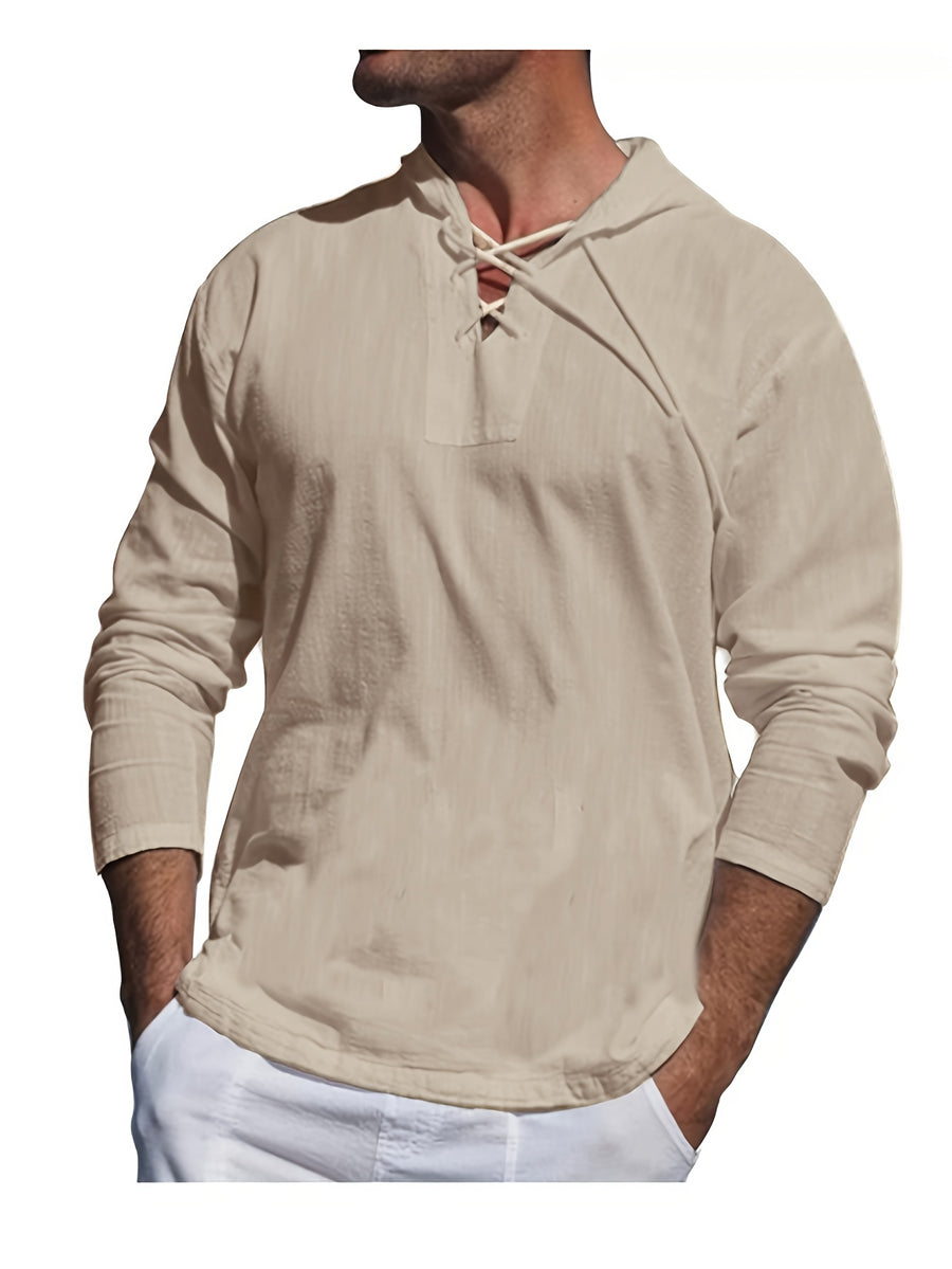 Men's Casual Sports Long Sleeved Hooded Sweatshirt, Drawstring, Solid Color Clothing, Suitable for Daily Use, Casual Exercise Use - Khaki