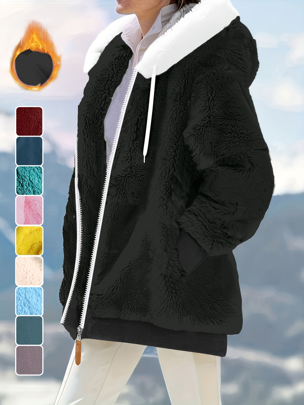 Ladies Autumn Winter Relaxed Cut Plush Hooded Outercoat, Contrast Color Trim Zip Front Warm Lined Jacket, Ribbed Cuff Windproof Casual Outerwear for Daily Commuting and Cold Season Everyday Styling - Black