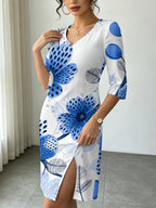 Blue Wild Flower Women'S V-Neck 3/4 Sleeve All-Over Print Midi Dress, Fashion Front Slit Dress, Versatile for Daily Commute, Home & Dates, Ideal Gift Choice - Multicolor