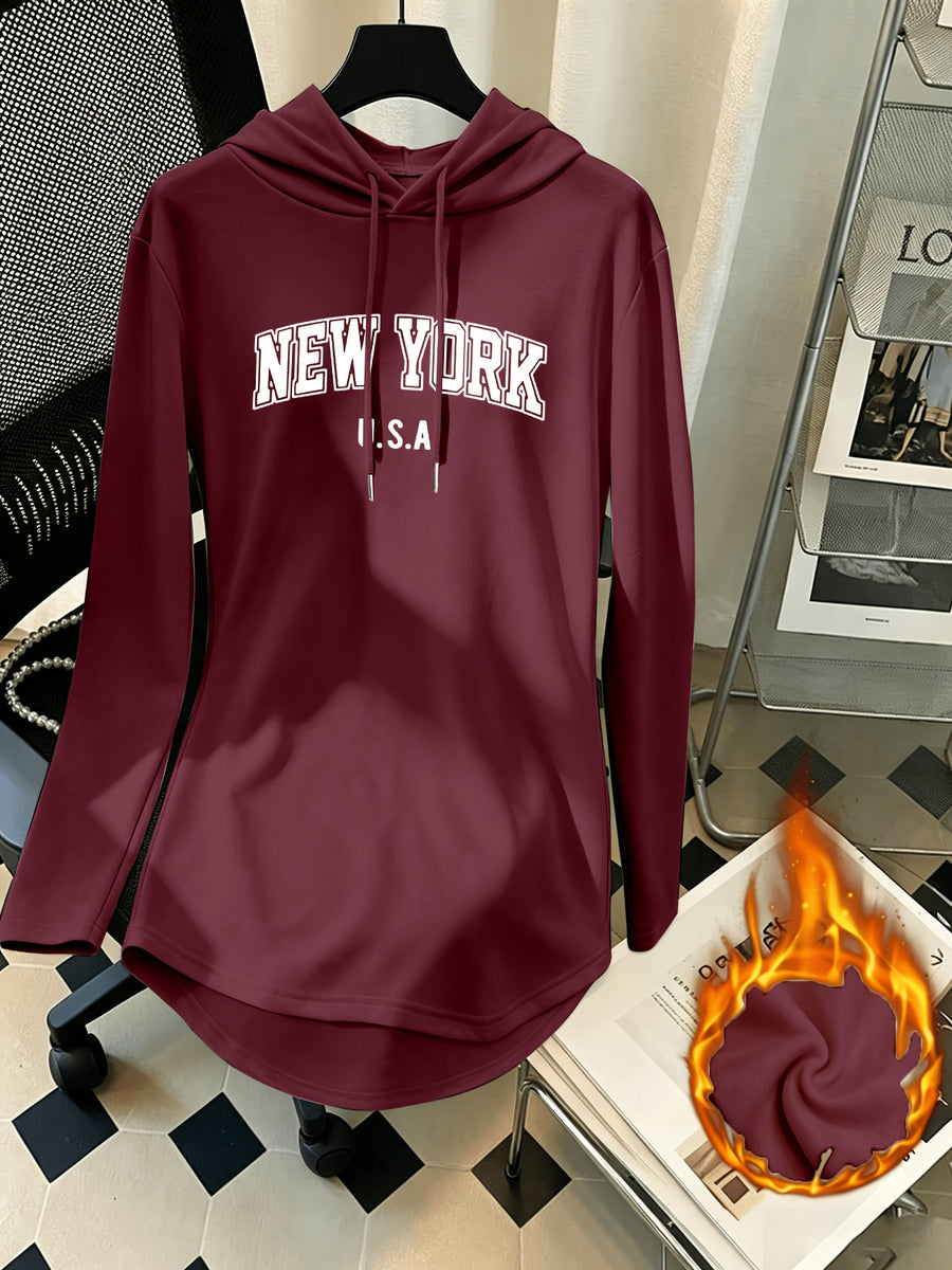 Women's Mid-Length Hooded Sweatshirt, Loose Fit, Hip-Covering, Letter Print, Drawstring Pullover Top - Burgundy