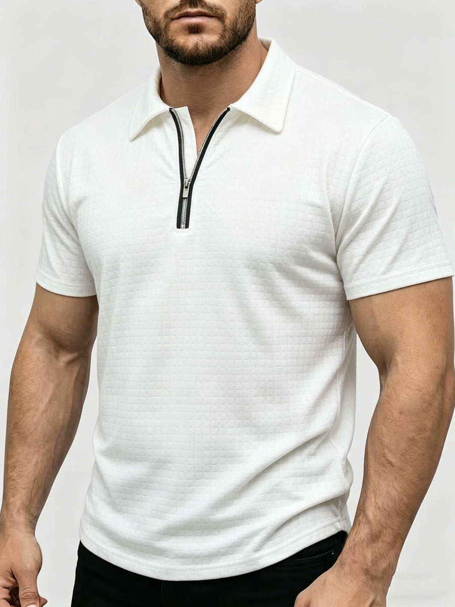 Men's Waffle Knit Half-Zip Polo Shirt, Loose Fit Solid Color Versatile Short Sleeve - White