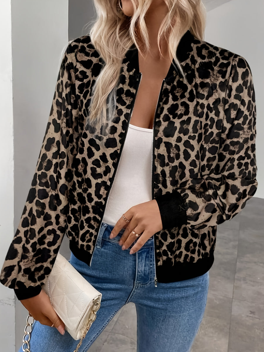 Women's New Leopard Print Ribbed Cuff Zip-Up Lightweight Casual Jacket, Fashionable and Elegant Commuter Vacation Outerwear for Daily Wear in Spring, Summer, and Autumn - Tawny