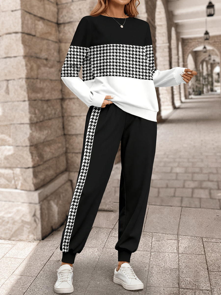 Ms. Emily Rose'S Long-Sleeve Houndstooth Patchwork Sweatshirt And Long Pants Two-Piece Set for Spring And Autumn - Houndstooth