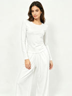 Women 2pcs Casual Outfit Set, Long Sleeve Round Neck Side Shirred Slim Top, Elastic Drawstring High Waist Wide Leg Loose Pants, Soft Fabric Daily Loungewear Walking Tracksuit - White