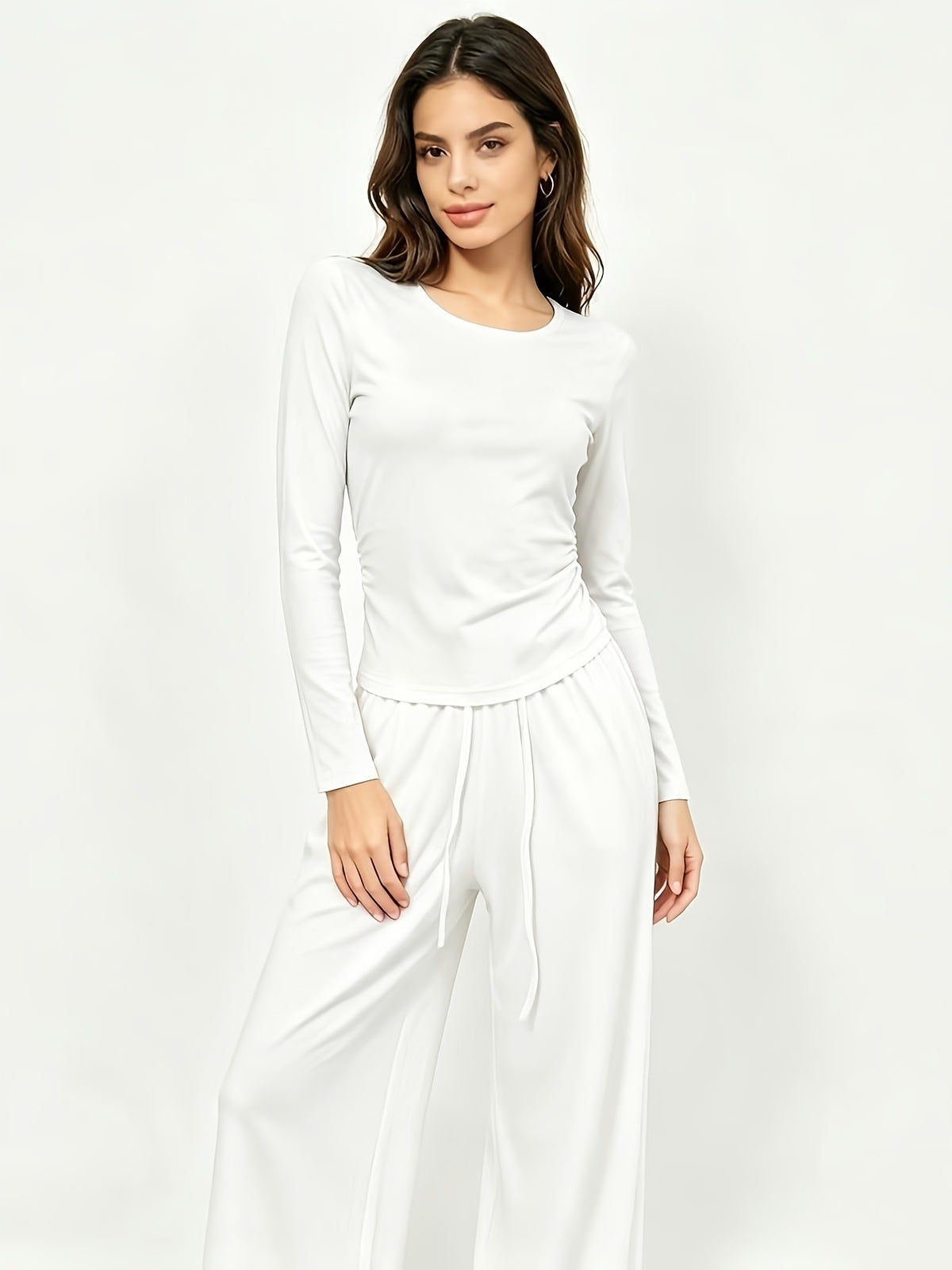 Women 2pcs Casual Outfit Set, Long Sleeve Round Neck Side Shirred Slim Top, Elastic Drawstring High Waist Wide Leg Loose Pants, Soft Fabric Daily Loungewear Walking Tracksuit - White