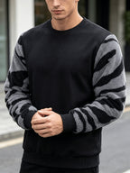 Men'S Autumn Winter Round Neck Plush Sweatshirt, Fashionable Color-Block Patchwork Design And Solid Color Style, Wrinkle-Resistant Soft Knit Fabric, Very Practical. Suitable for Students' Daily Wear on Campus, Outings, Dates, Commuting, Camping - Black