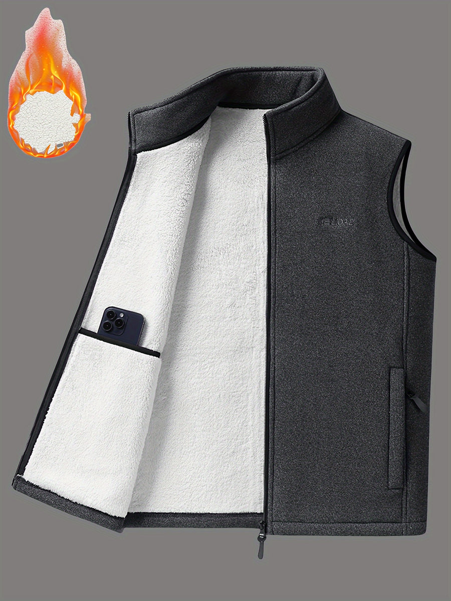 Men's Autumn Winter Casual Fleece-Lined Vest, Thickened Faux Blend Fleece Stand Collar Cardigan Vest for Outdoor and Home Wear, Warm Sleeveless Jacket Vest - Grey